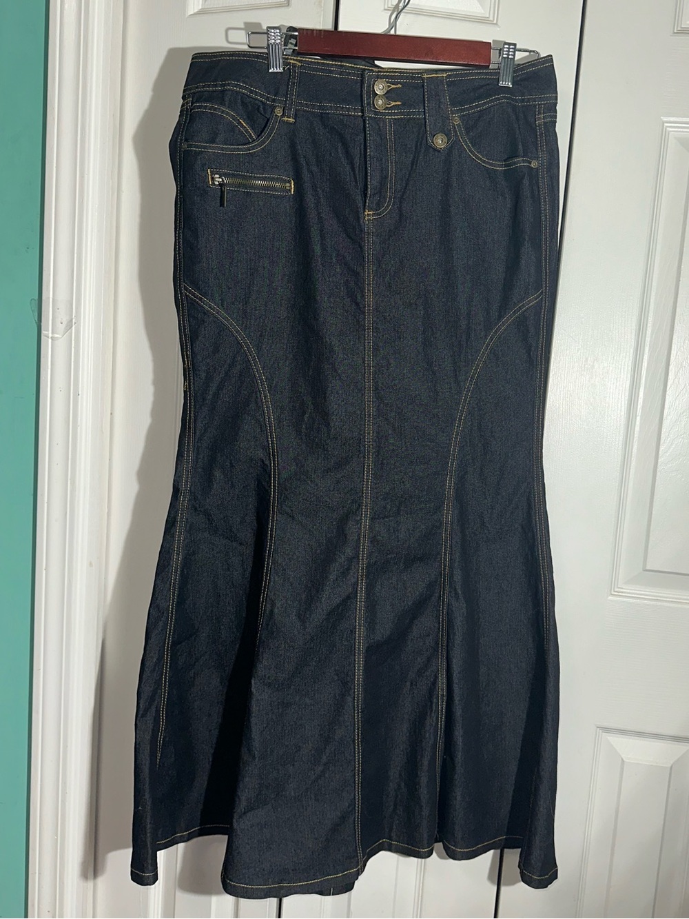 VINTAGE Bisou Bisou Skirt 12 Blue Denim Trumpet Mermaid Stretch Y2K Maxi  AA24